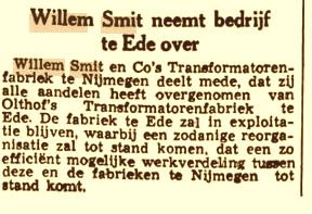 Overname Olthof's Transformatorenfabriek Ede (17-06-1954)