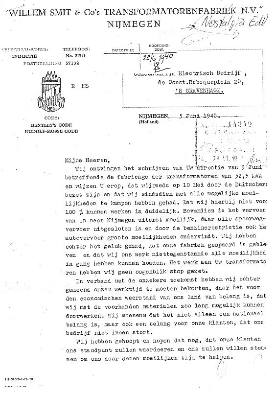 Brief m.b.t. vertraging transformatoren aan GEB Den Haag 05-06-1940