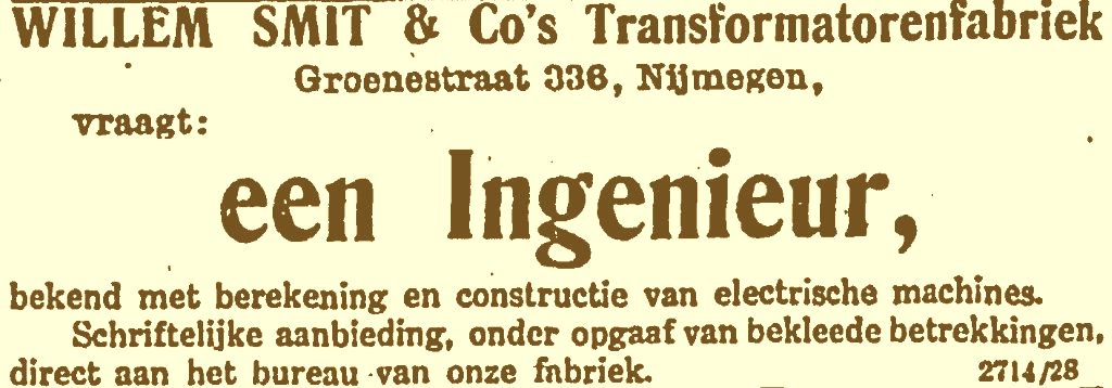 Advertentie waar een ingenieur gevraagt werd (1916)