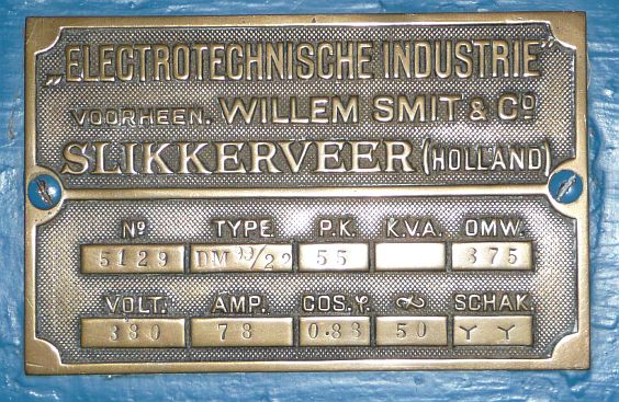 Machineplaatje van Smit Slikkerveer uit 1915