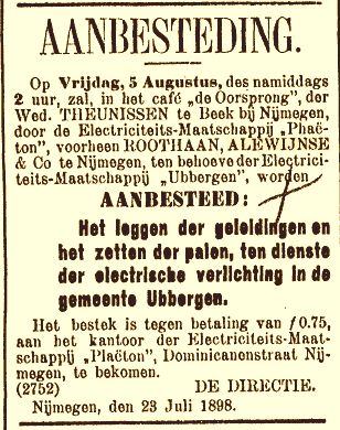 Aanbesteding elektrische centrale Beek-Ubbergen (24-07-1898)