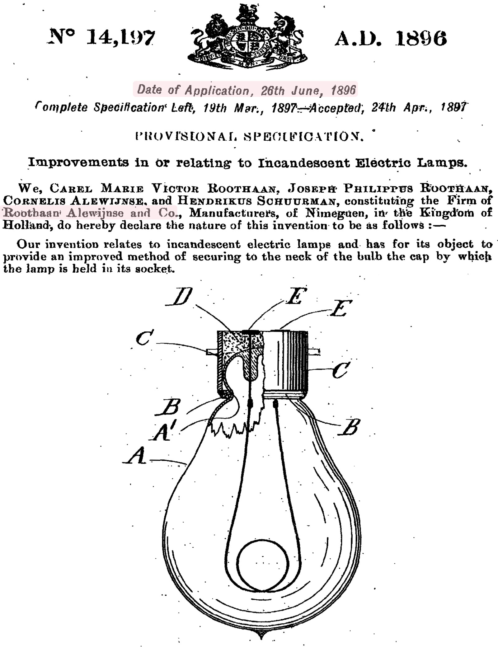 Patent Roothaan, Alewijnse en Co uit 1896