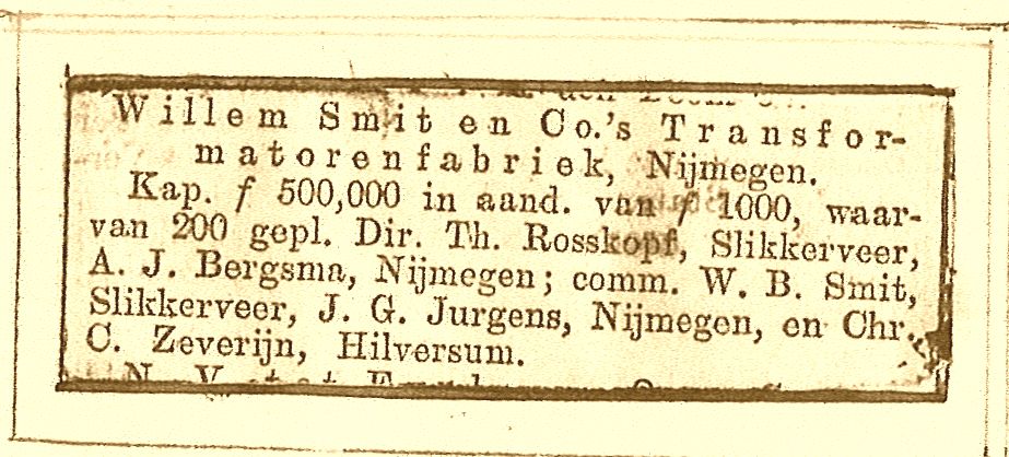 Oprichting Willem Smit & Co's Transformatorenfabriek NV (Eerste krantenartikel 1912)