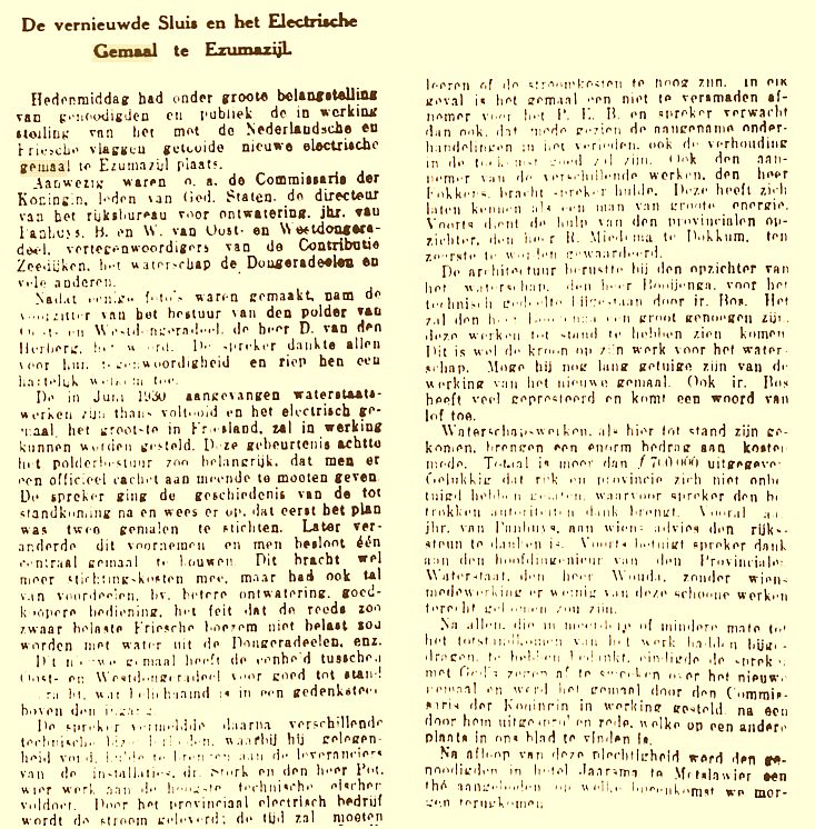 Krantenartikel over de opening van het Gemaal te Ezumazijl 21-11-1931