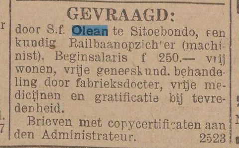 Advertentie railbaanopzichter voor suikerfabriek Olean 1922