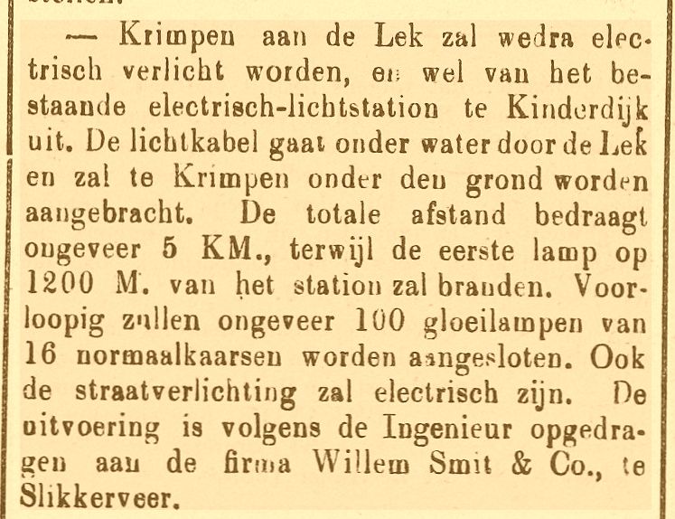 In 1890 werd Krimpen aan de Lek aangesloten op de centrale in Kinderdijk