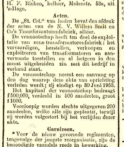 Oprichting Willem Smit & Co's Transformatorenfabriek 14-05-1913 