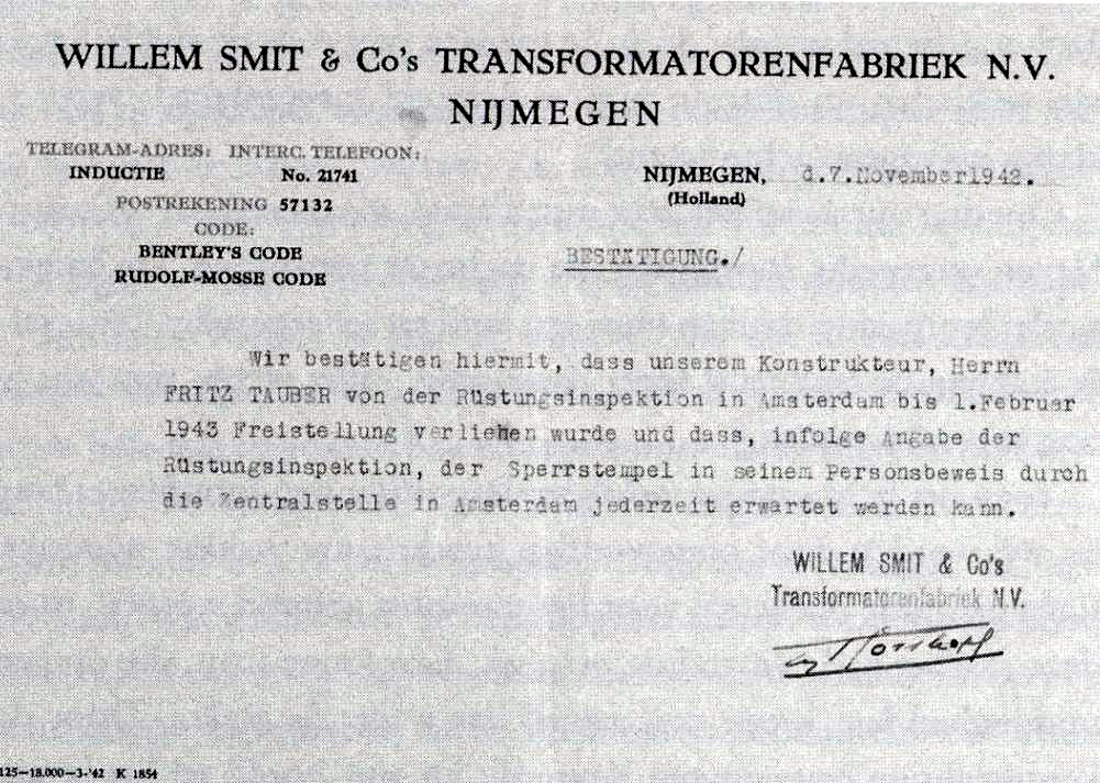 Brief vrijlating Fritz Tauber (en zijn vrouw) uit Westerbork