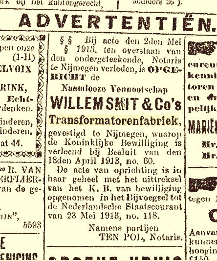 Oprichting Willem Smit & Co's Transformatorenfabriek NV (02-05-1913)