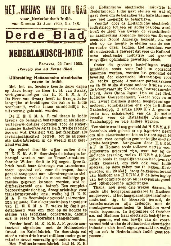Artikel Nederlandsch-Indië met o.a. de eisen die aan transformatoren werden gesteld in de tropen (22-06-1920)