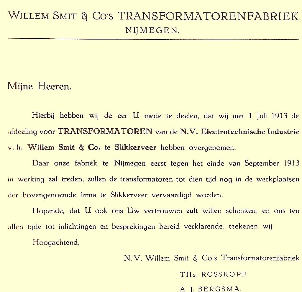 Brief Rosskopf aan klanten en leveranciers m.b.t. de overname van de transformatorenafdeling en verplaatsing naar Nijmegen 01-07-1913